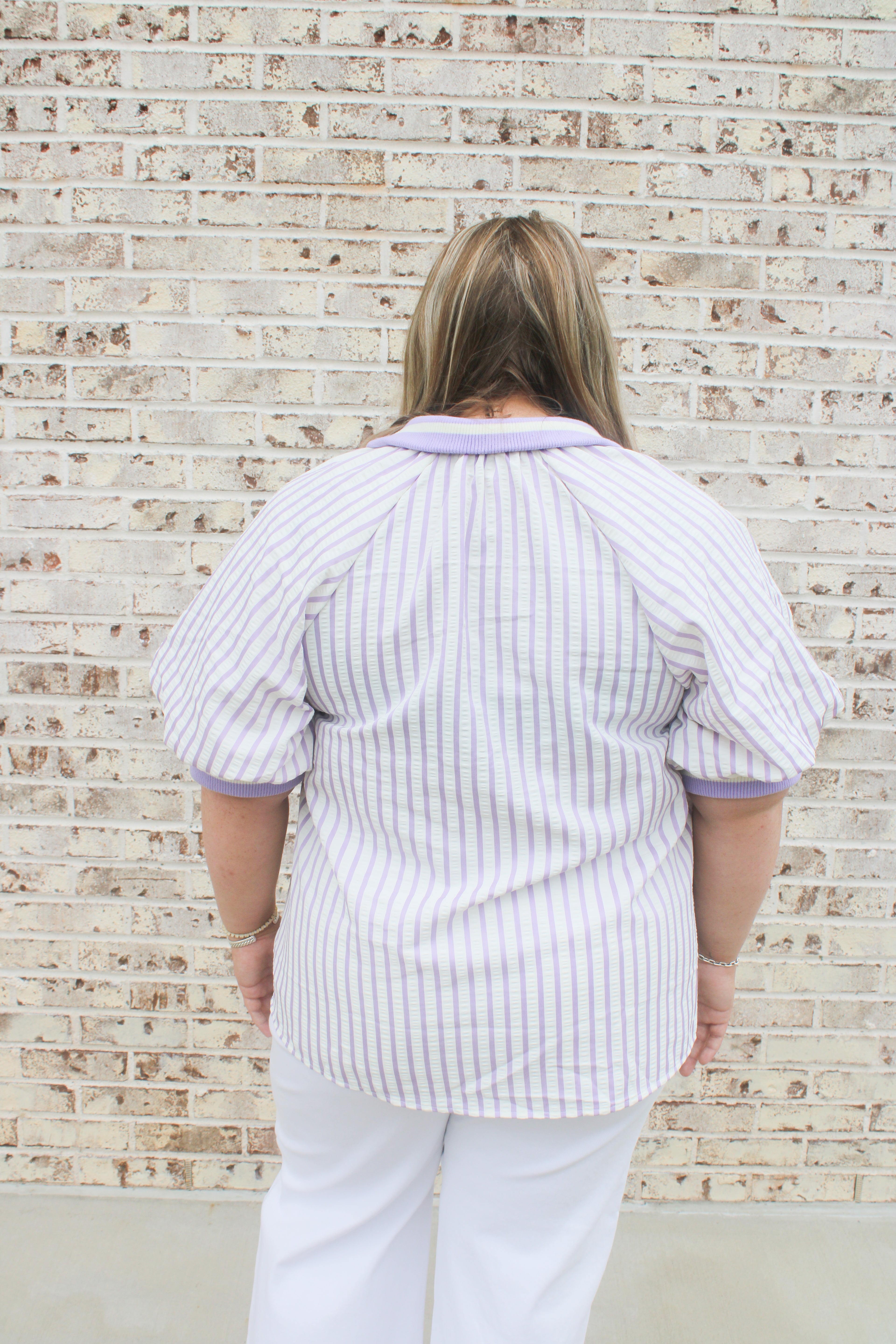 Seersucker High Collar Popover Blouse