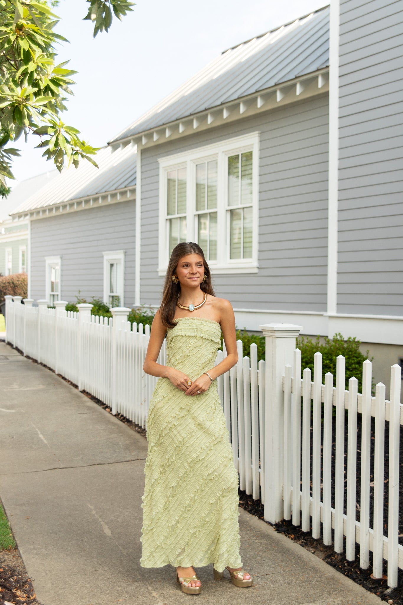 amara maxi dress Strapless Ruffled – The Swank Company The bodice is intricately Size:11 Out of stock division:collection The Green Square Neck