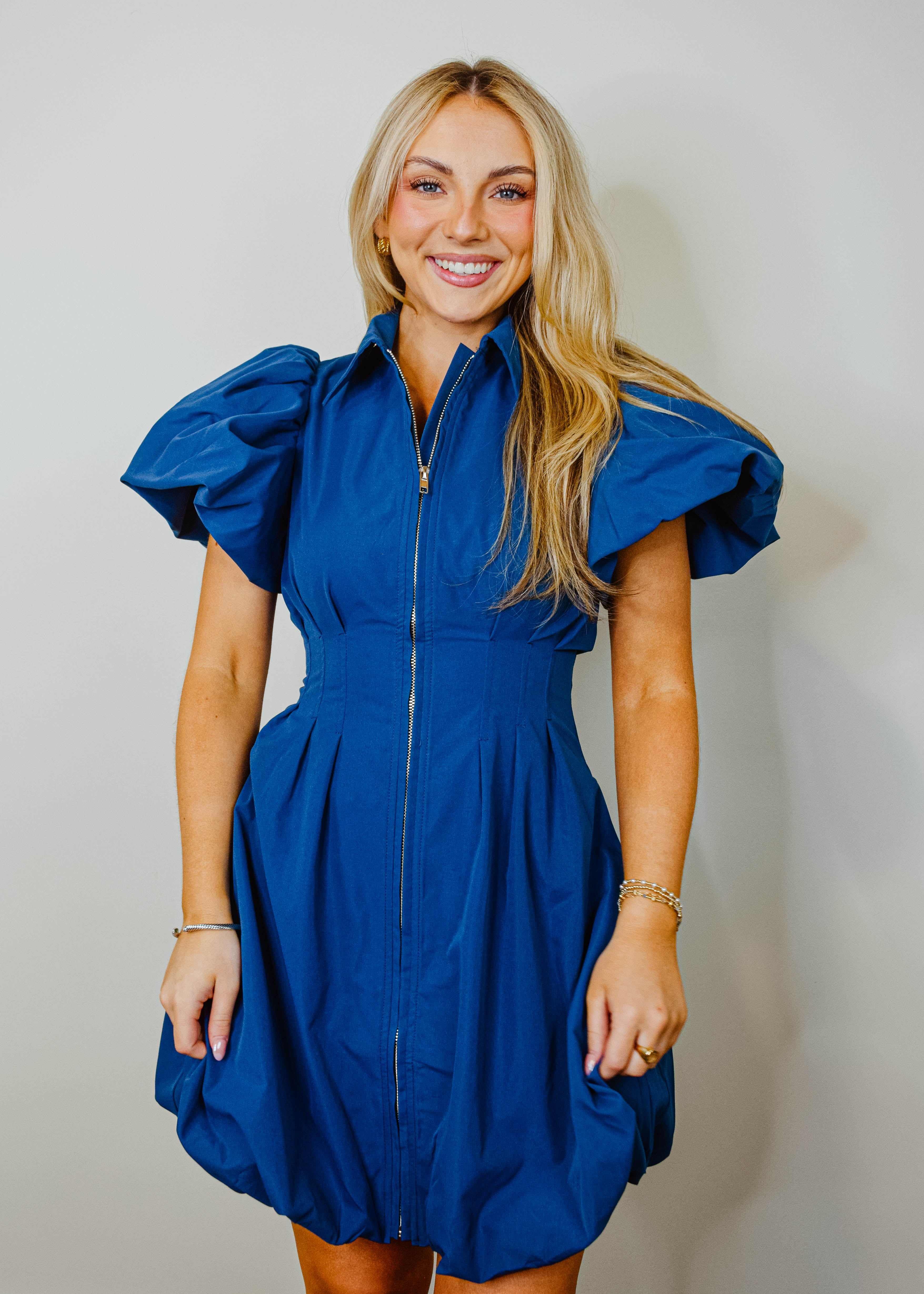 blue zip up dress Solid Zip Up Front Midi Dress
