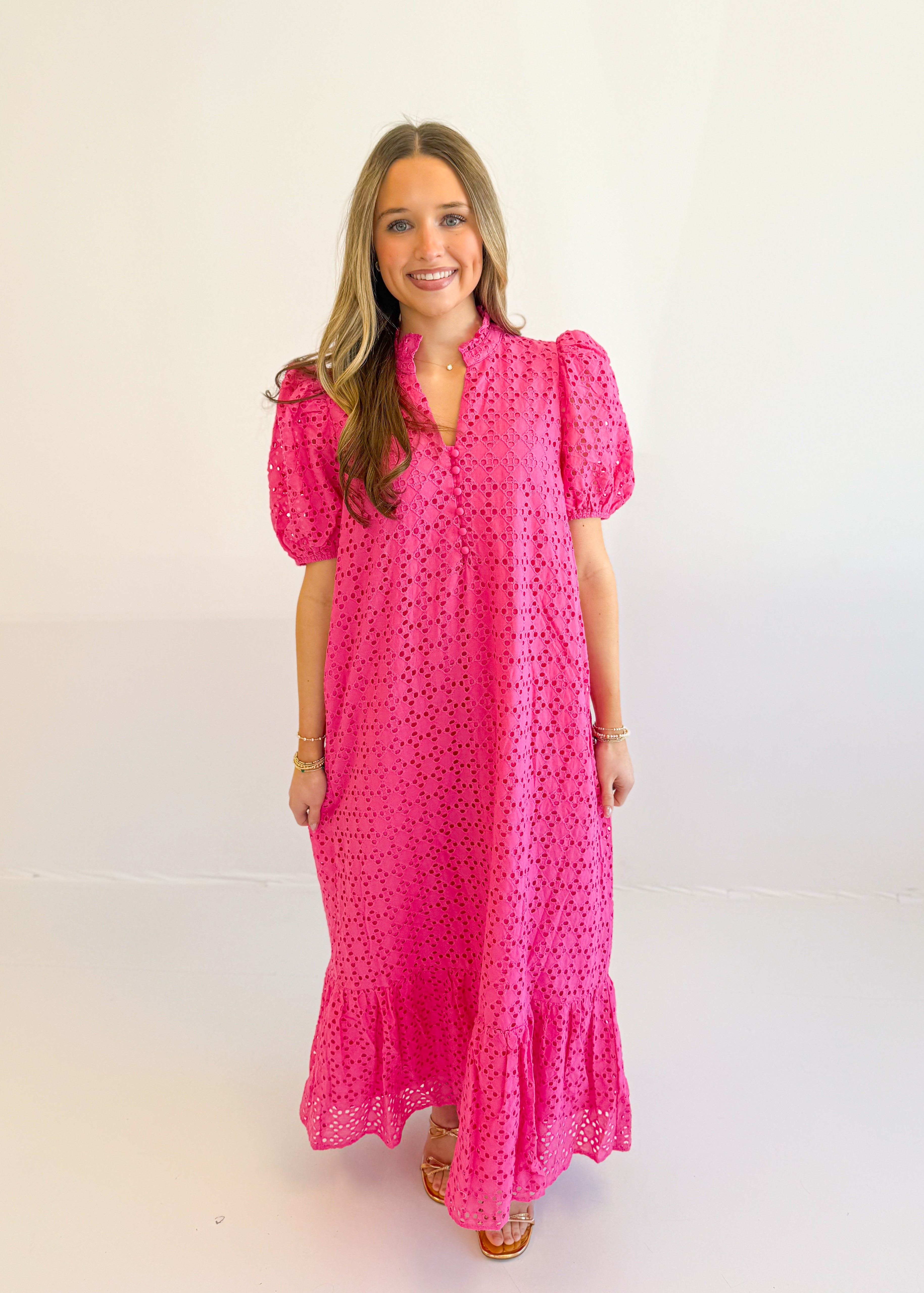 hot pink puff sleeve midi dress J.Marie Women's Sailor Bow Sleeve Midi Dress, Pink, Medium, Cotton