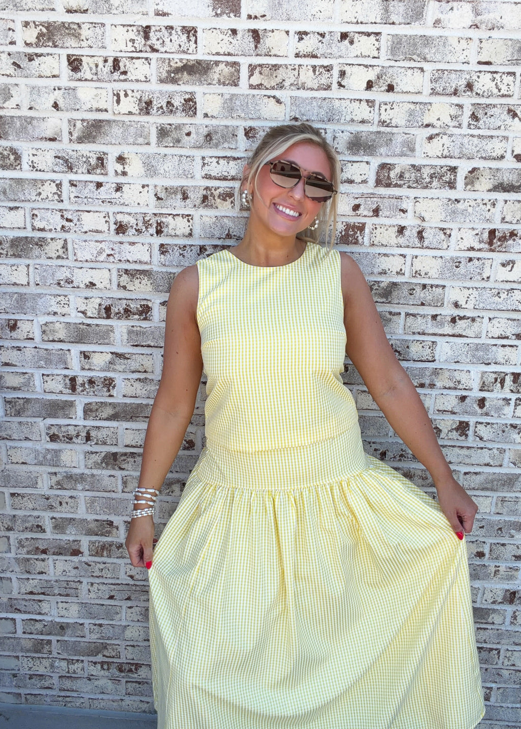 Avery Gingham Sleeveless Top & Midi Skirt Set