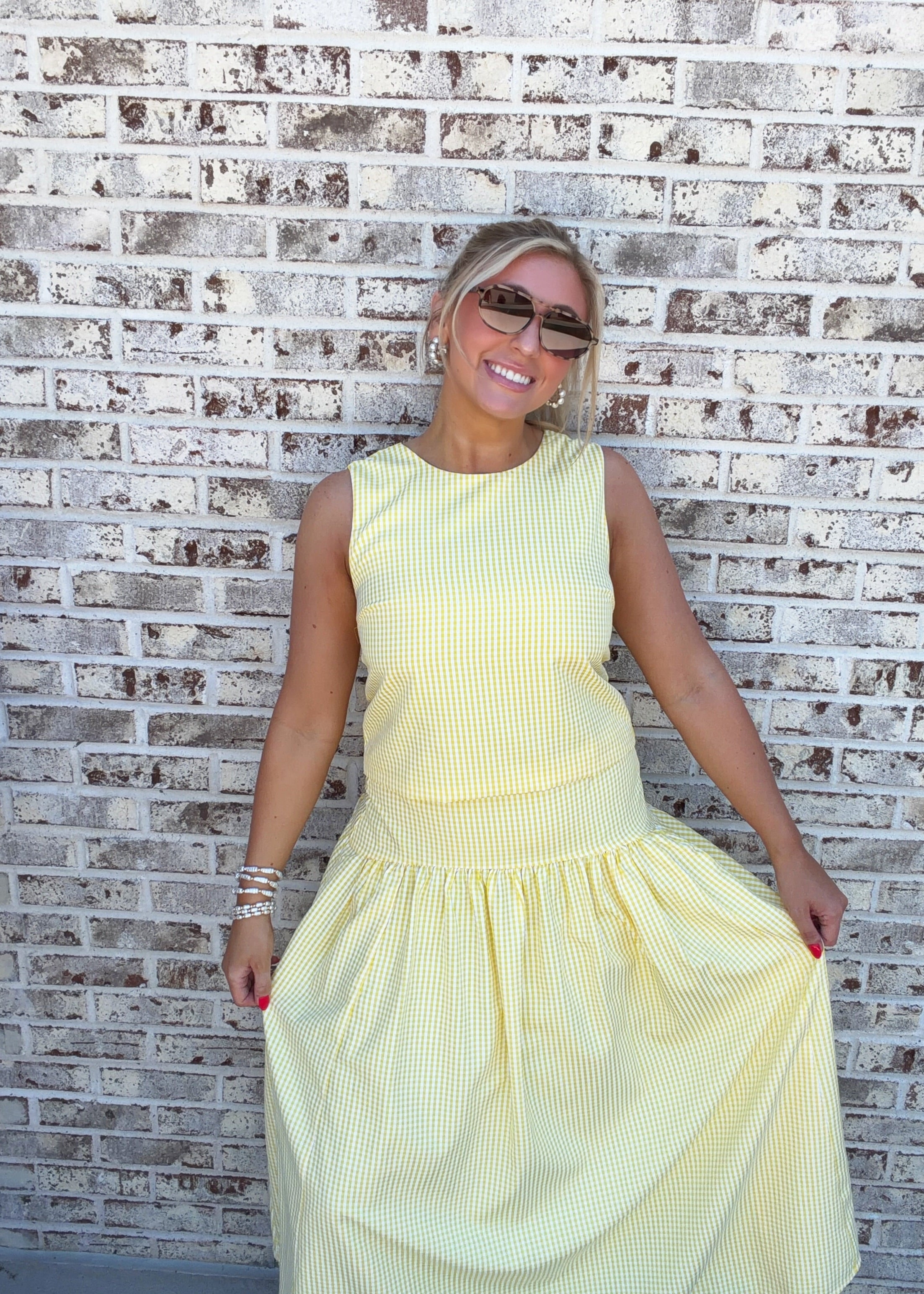 Avery Gingham Sleeveless Top & Midi Skirt Set