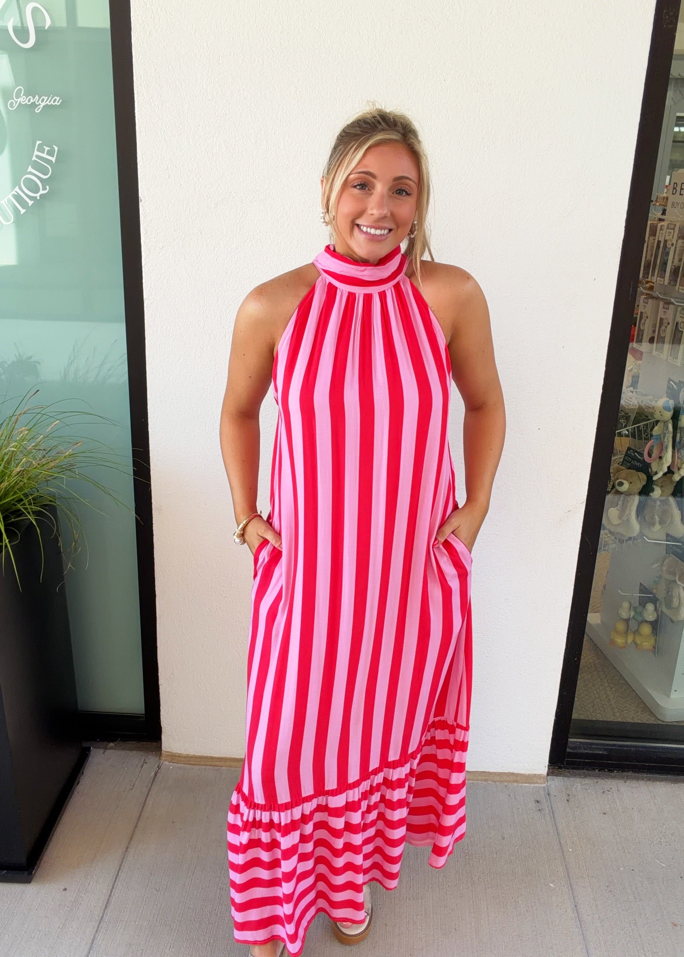 Delphi Stripe Halter Midi Dress Pink / M Delphi Stripe Halter Midi Dress Pink / M