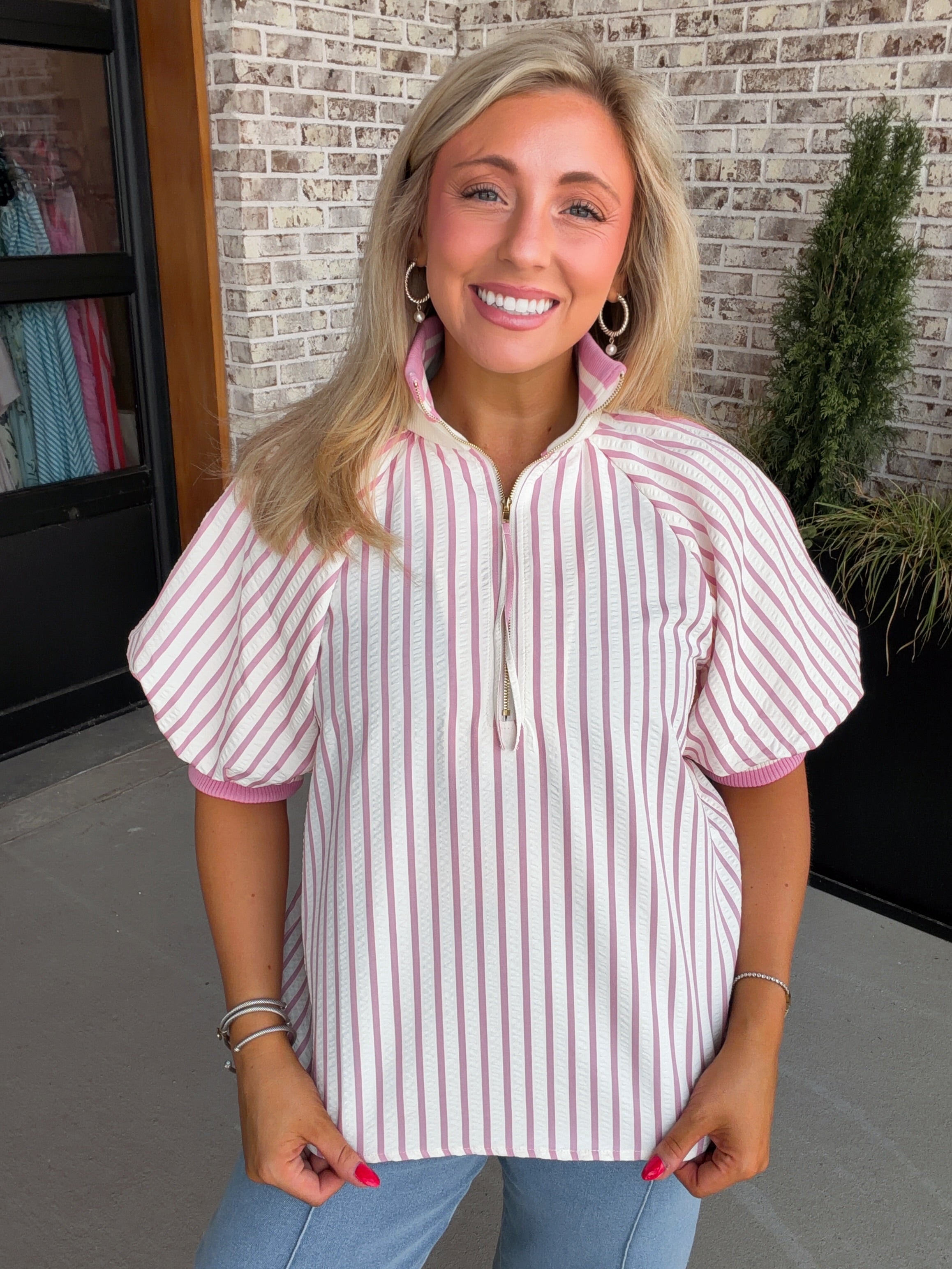 Seersucker High Collar Popover Blouse