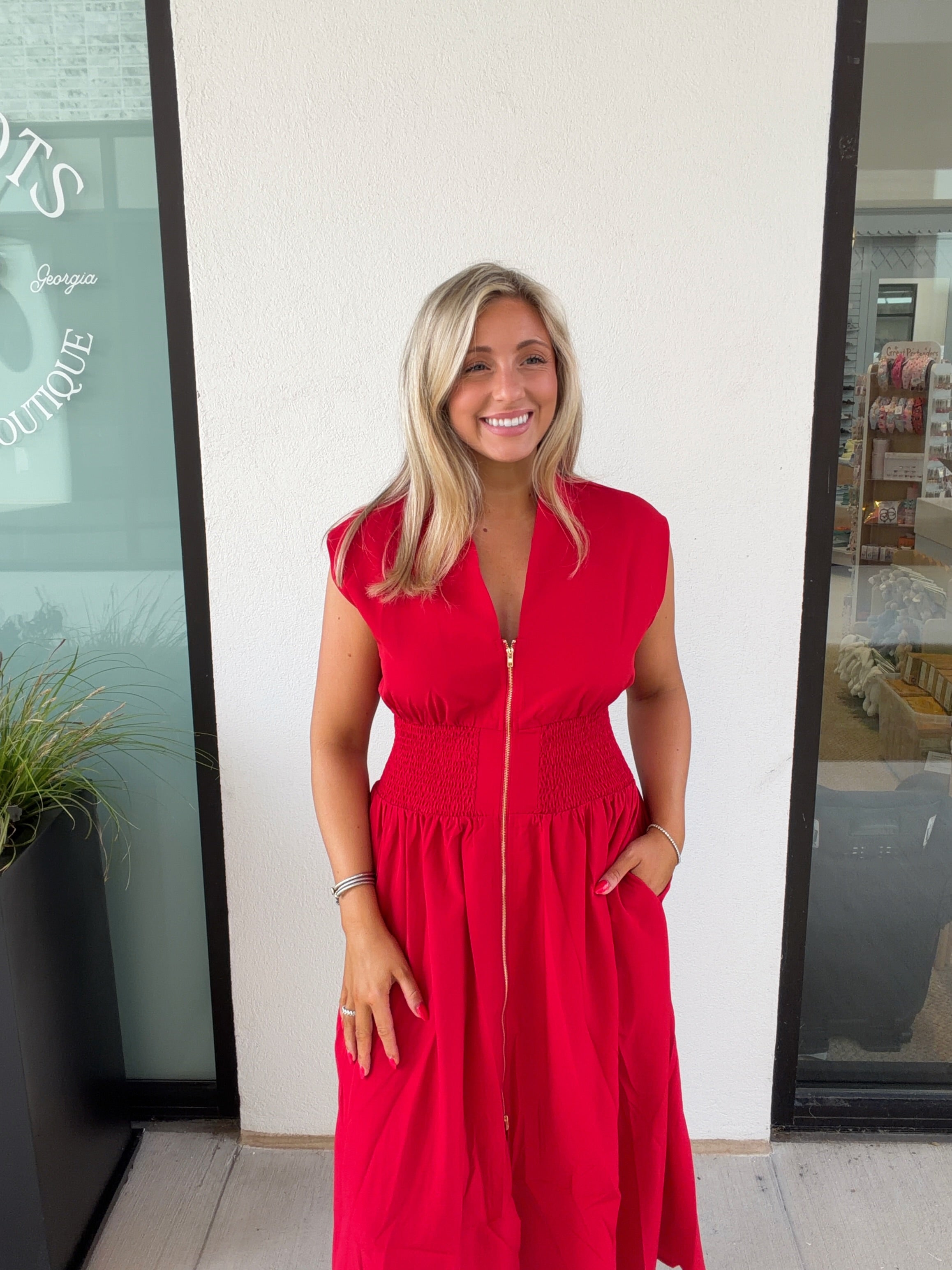 Madison Zip Smocked Waist Midi Dress