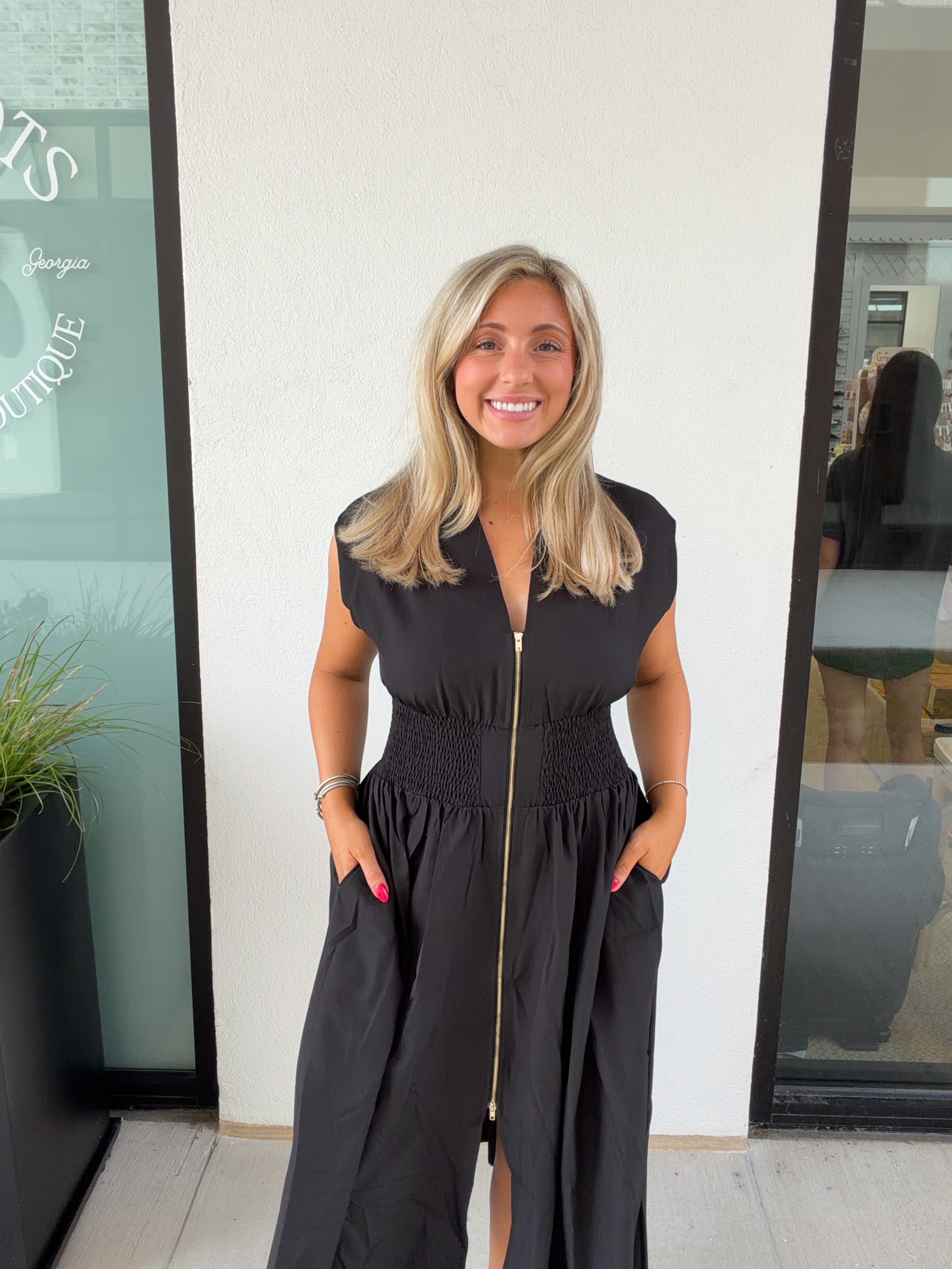 Madison Zip Smocked Waist Midi Dress