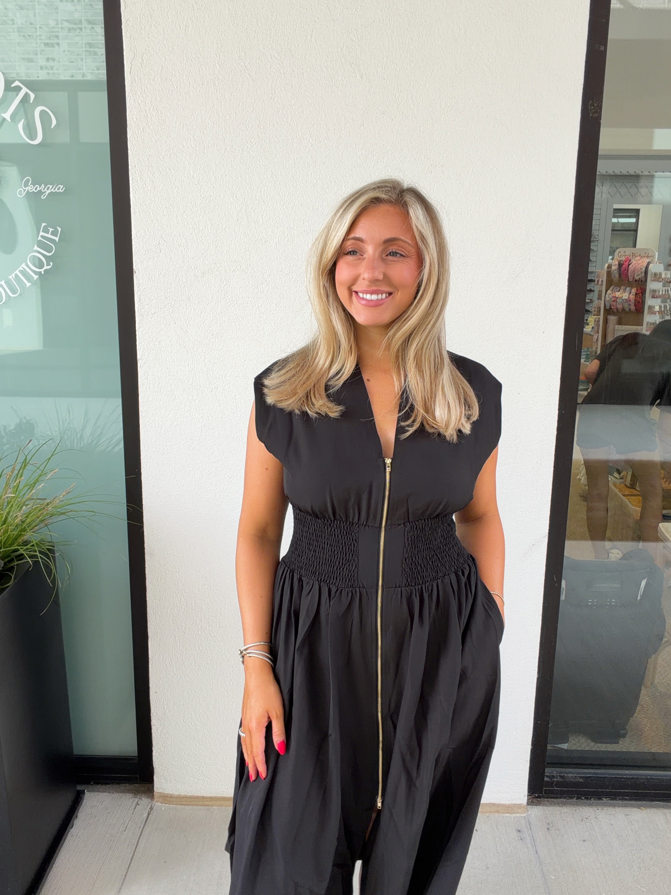 Madison Zip Smocked Waist Midi Dress