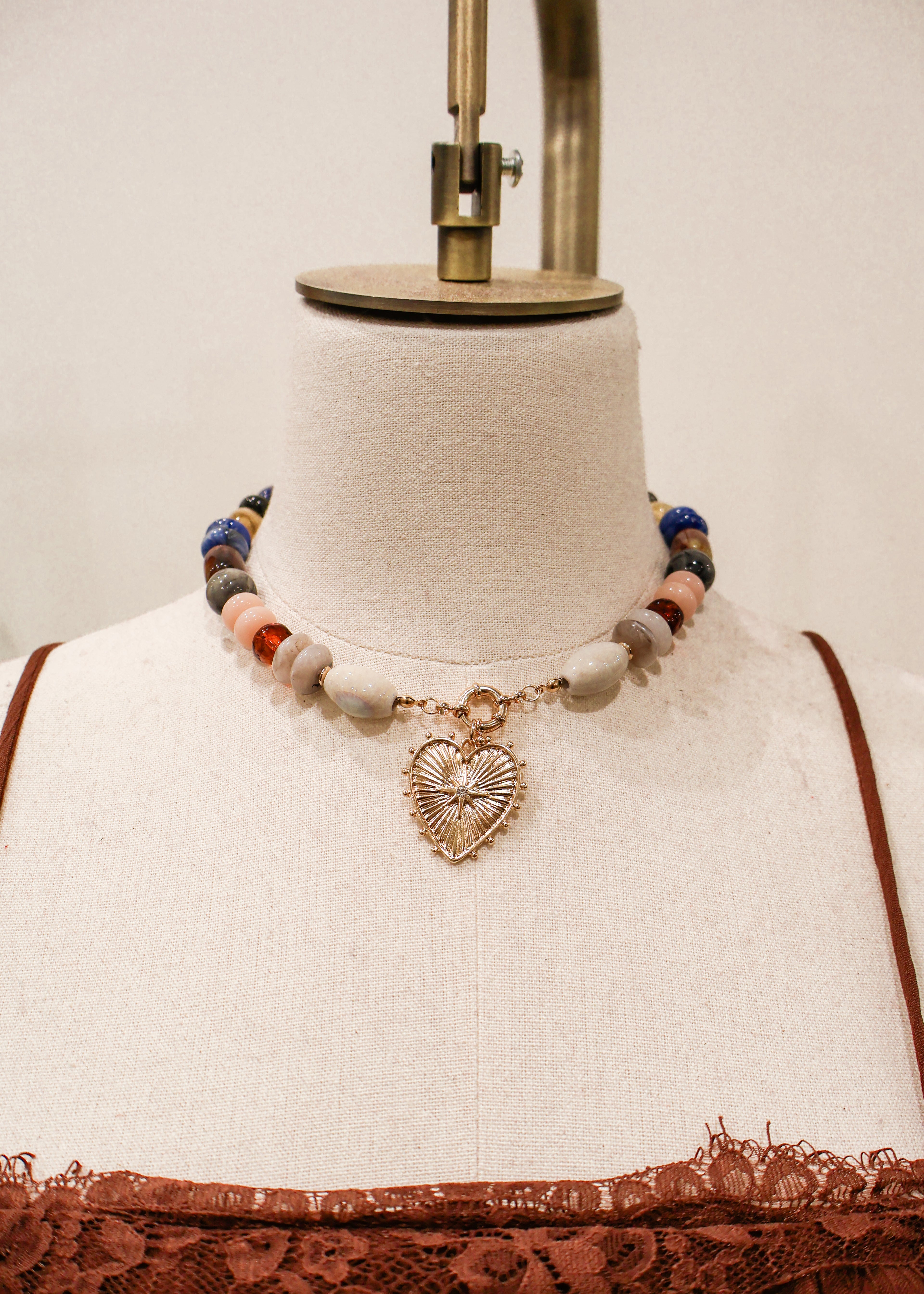 Heart Pendant Mix Bead Necklace
