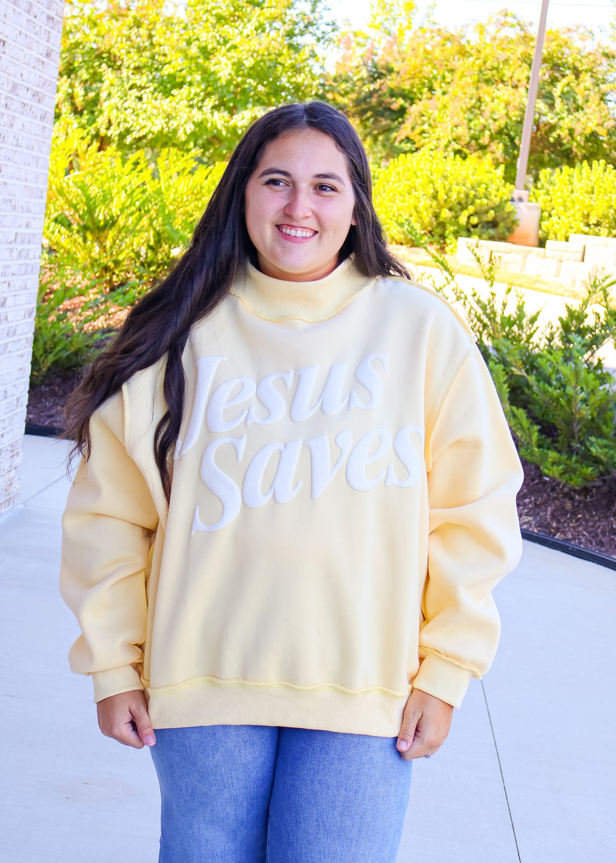 Jesus Saves Print Mock Neck Sweatshirt