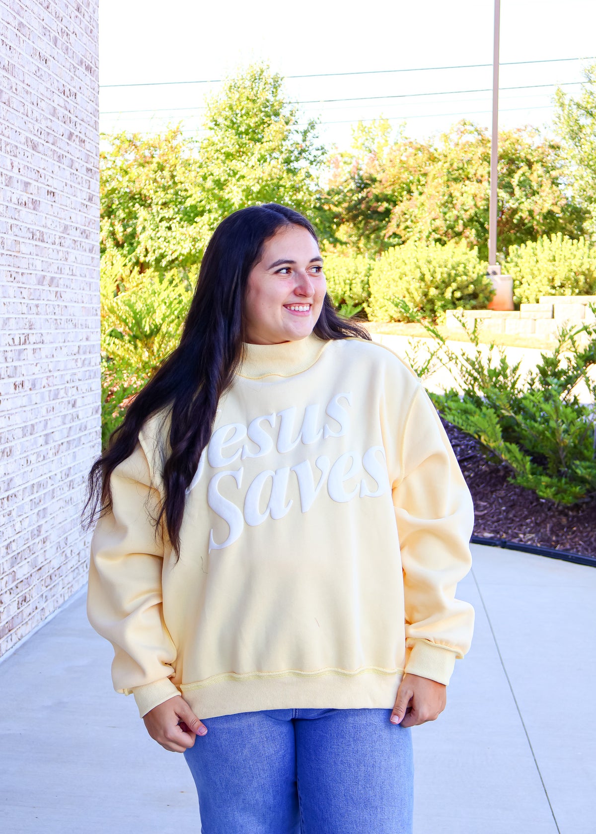 Jesus Saves Print Mock Neck Sweatshirt