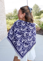 Triangle Paisley Knit Fringed Scarf in Navy