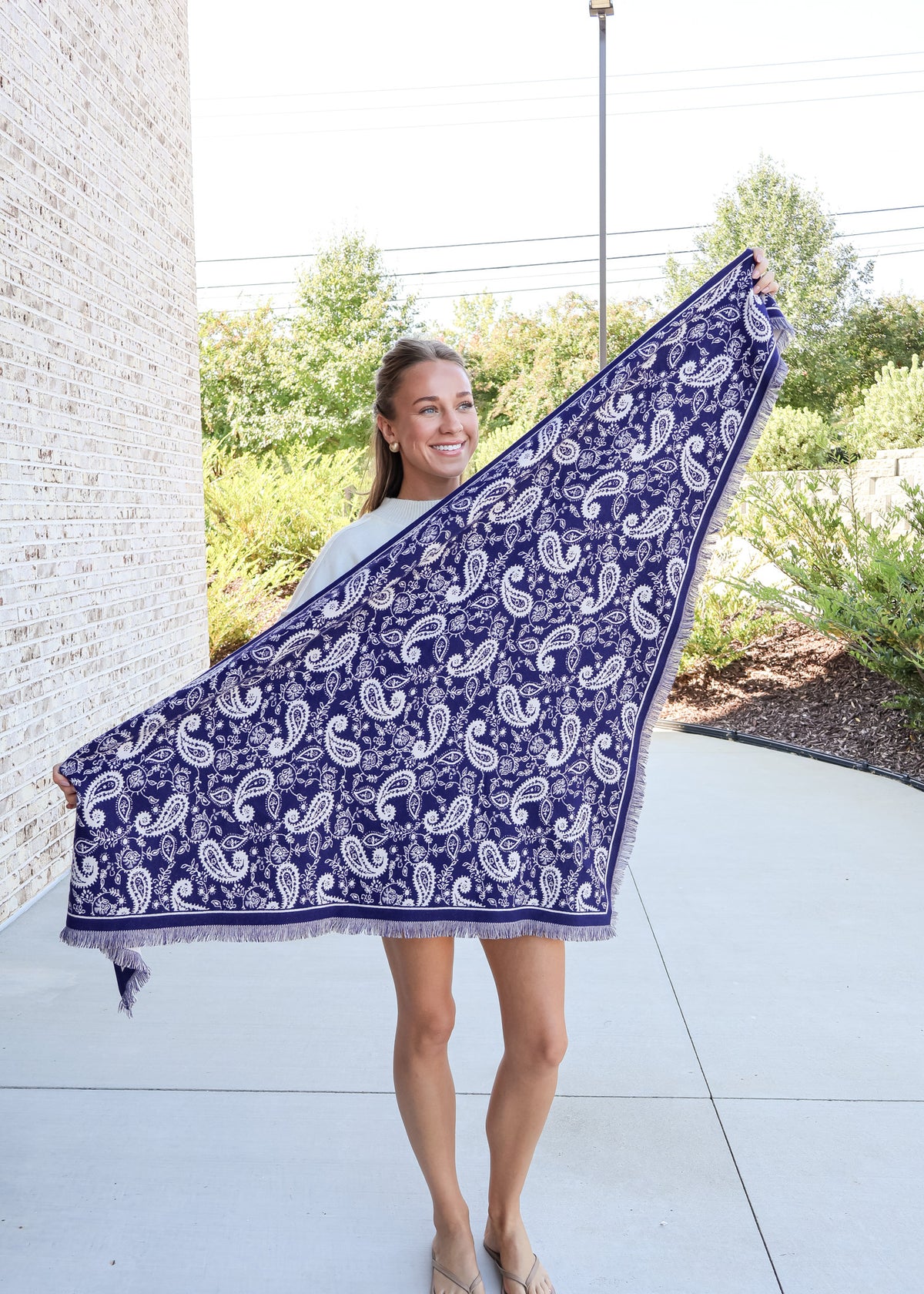 Triangle Paisley Knit Fringed Scarf
