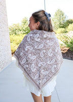 Triangle Paisley Knit Fringed Scarf in Light Brown