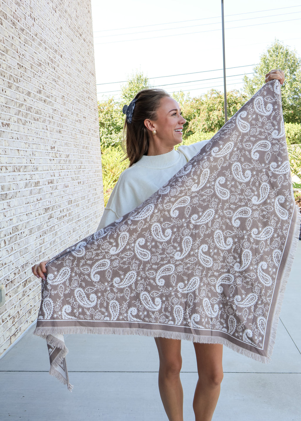 Triangle Paisley Knit Fringed Scarf