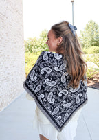 Triangle Paisley Knit Fringed Scarf in Black