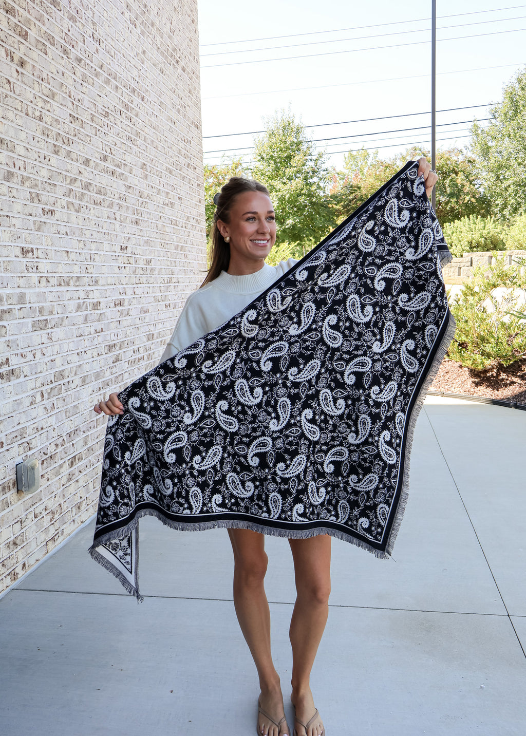 Triangle Paisley Knit Fringed Scarf