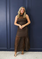 Evie High Neck Sheer Maxi Dress in Brown