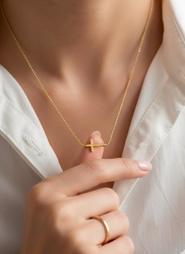 Tiny Sideways Brass Cross Necklace