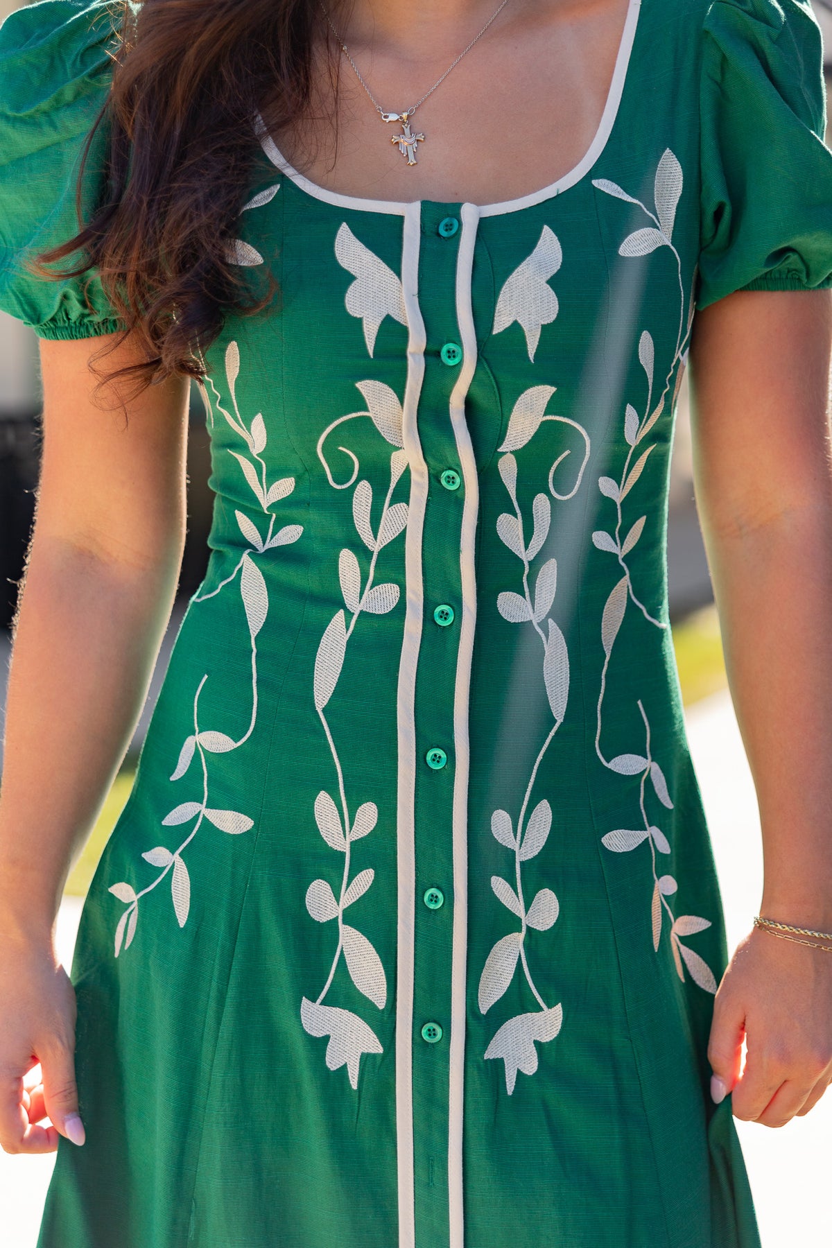 Anna Embroidered Puff Sleeves Midi Dress