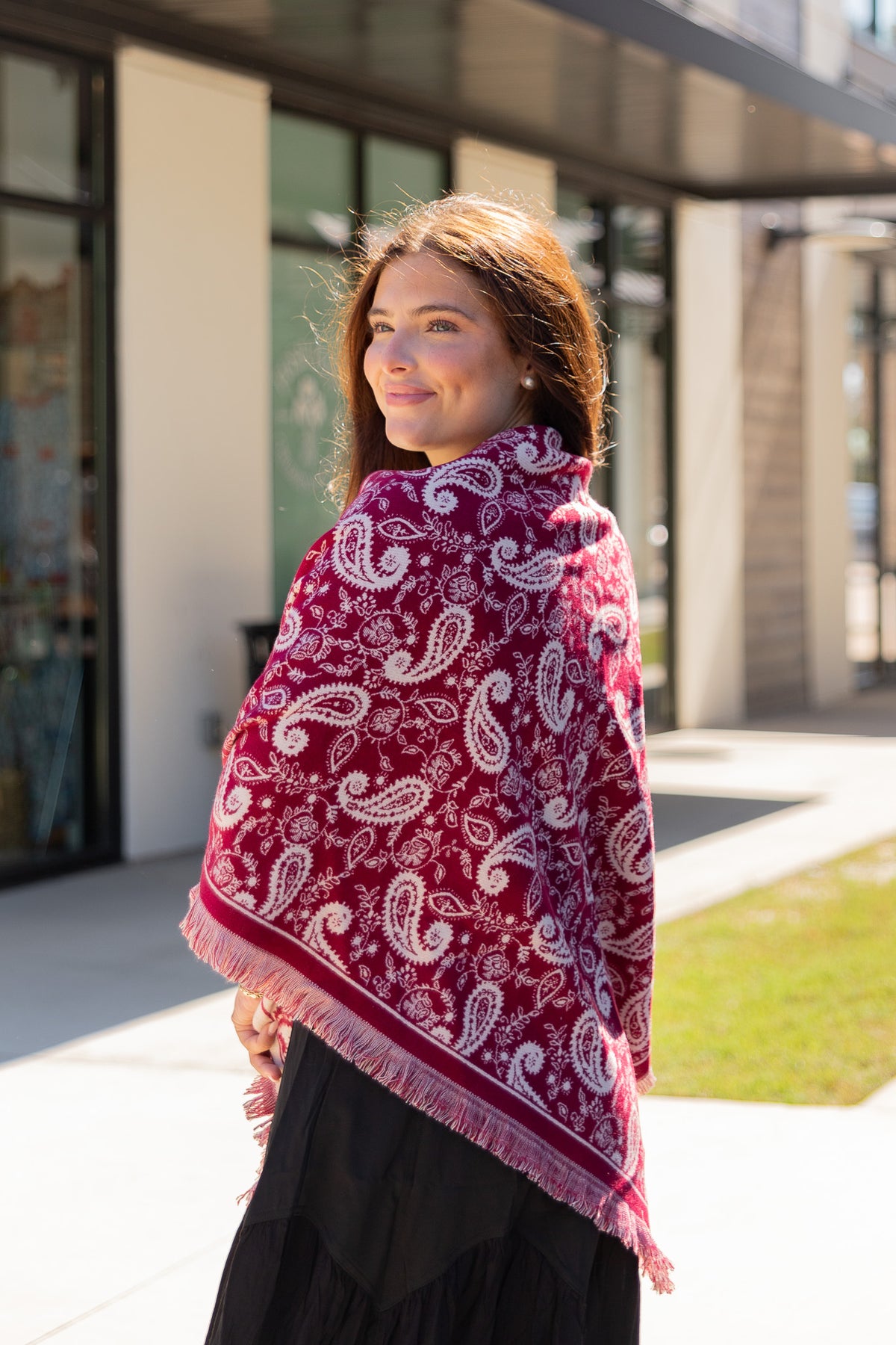 Triangle Paisley Knit Fringed Scarf
