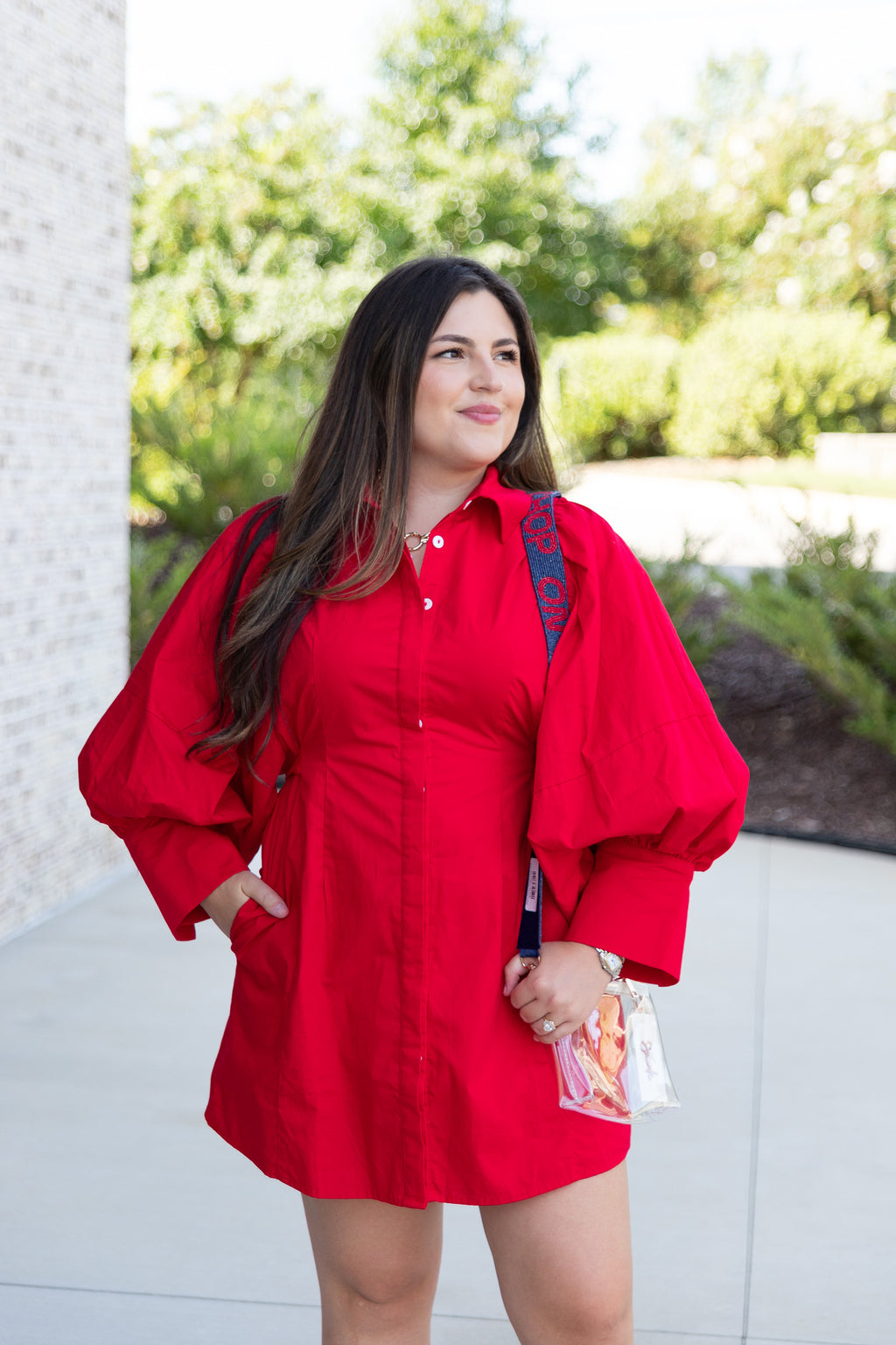 Elaine Statement Sleeve Mini Shirt Dress in Red