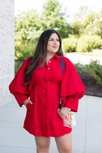 Elaine Statement Sleeve Mini Shirt Dress in Red