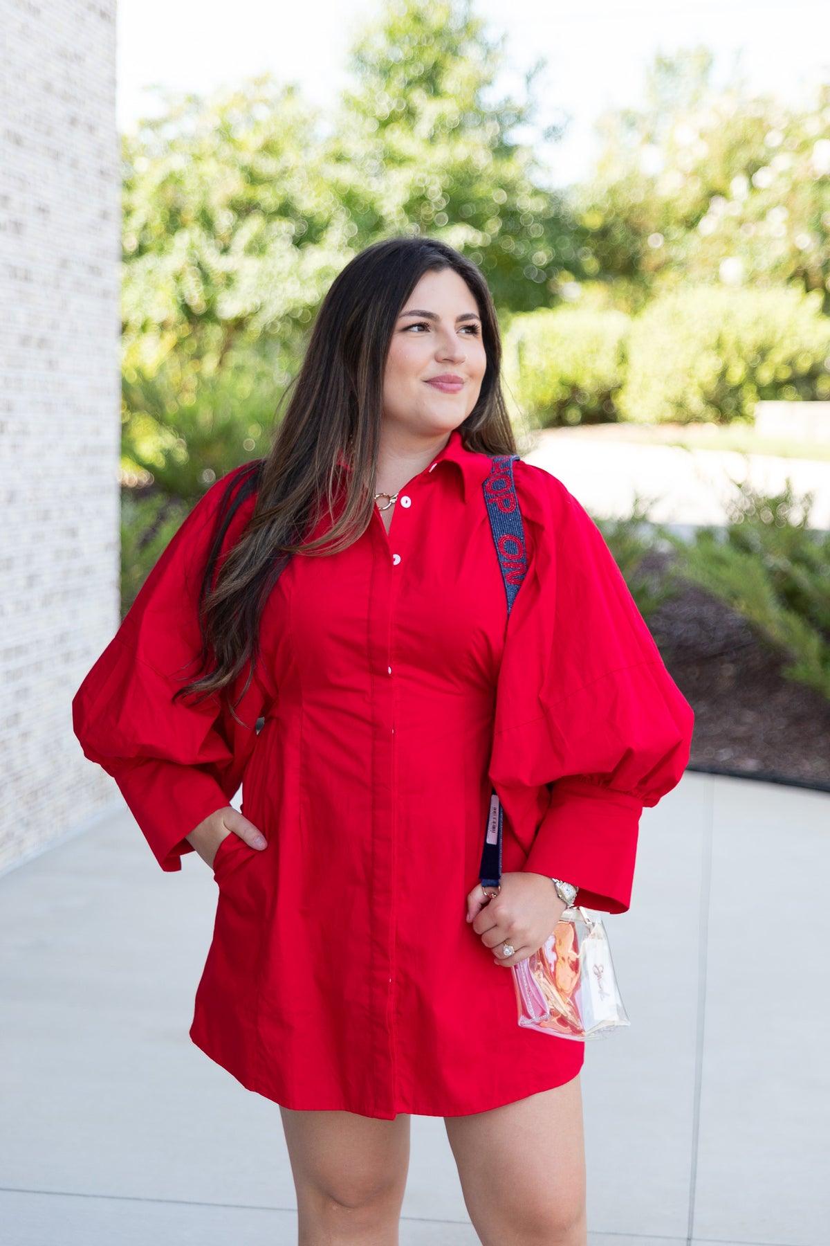 Elaine Statement Sleeve Mini Shirt Dress in Red
