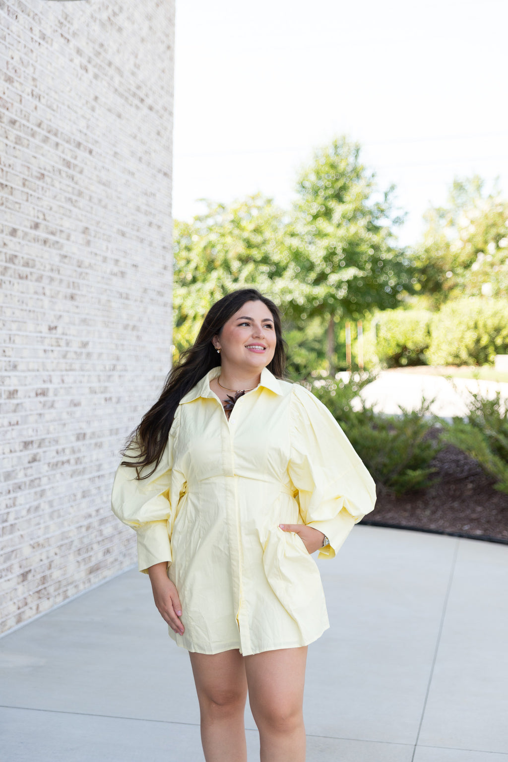 Elaine Statement Sleeve Mini Shirt Dress in Yellow