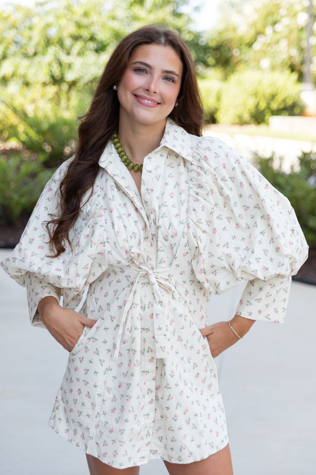Elaine Statement Sleeve Mini Shirt Dress in Pink Ditsy