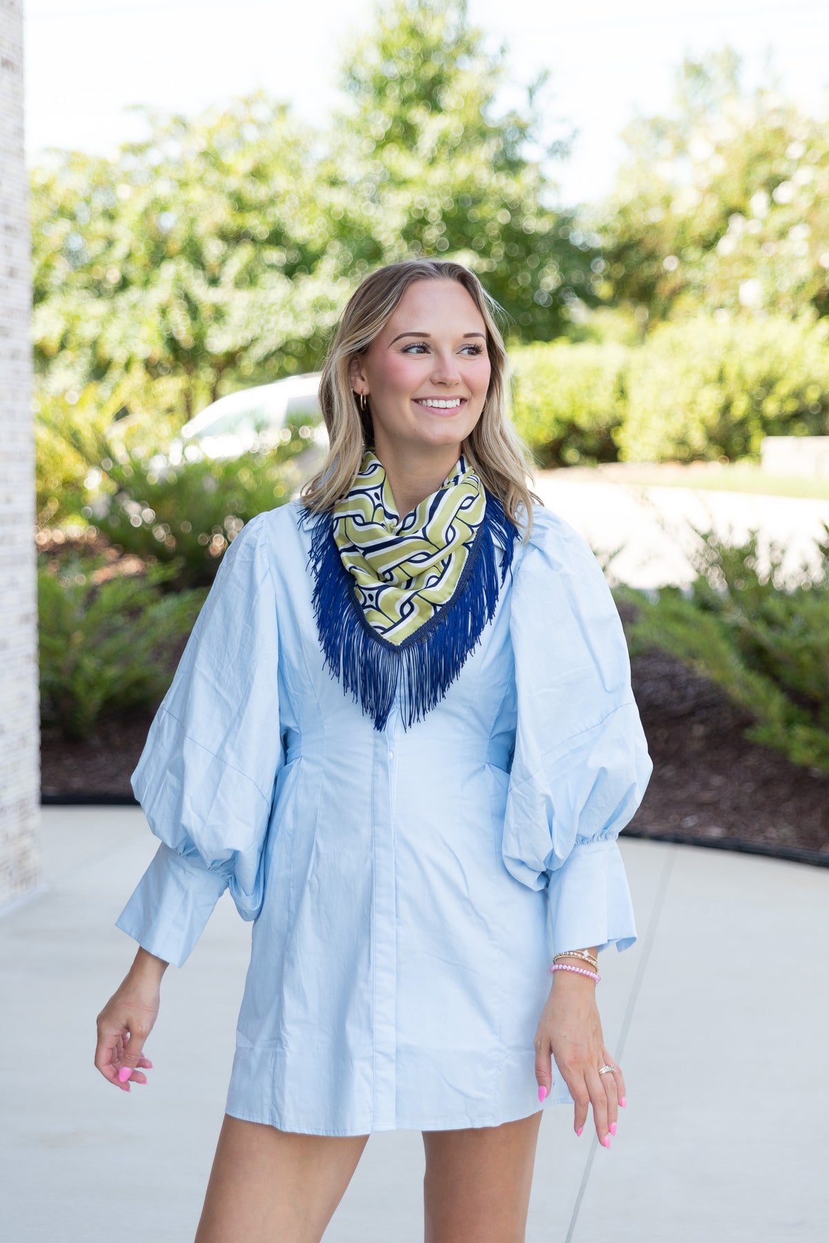 Elaine Statement Sleeve Mini Shirt Dress in Soft Blue