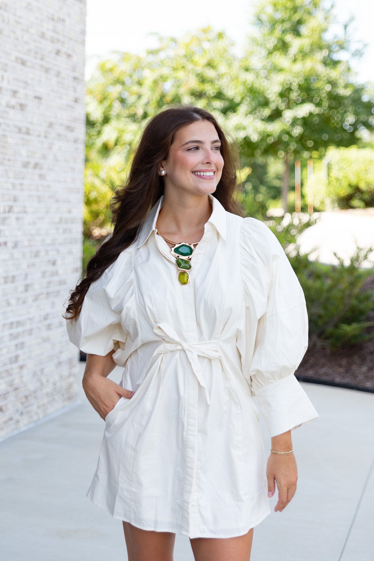 Elaine Statement Sleeve Mini Shirt Dress in Ecru