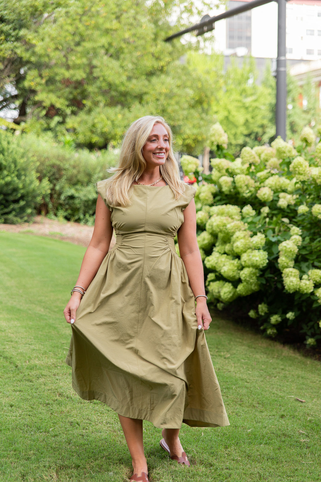 Mabel Ruched Midi Dress in Olive