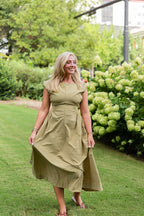 Mabel Ruched Midi Dress in Olive