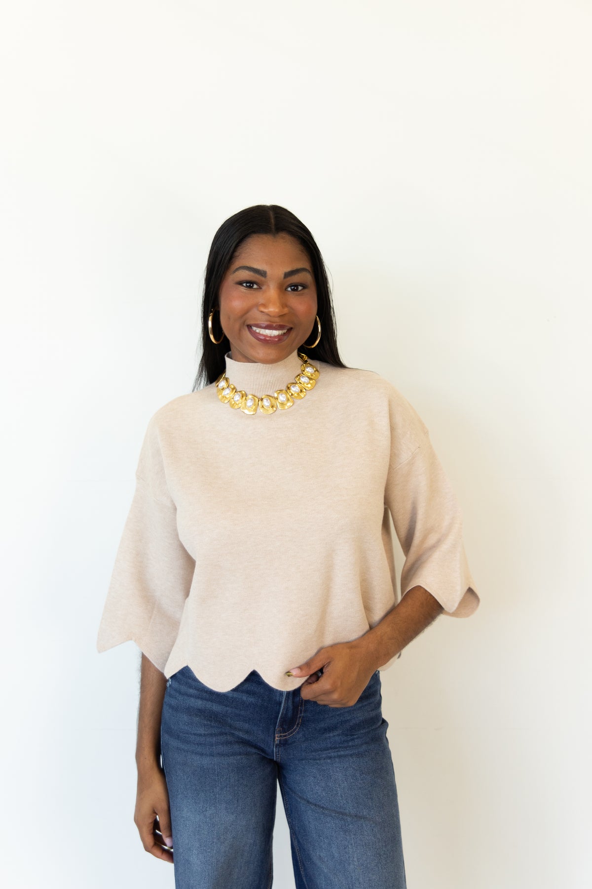 Scallop Hem Mock Neck Sweater