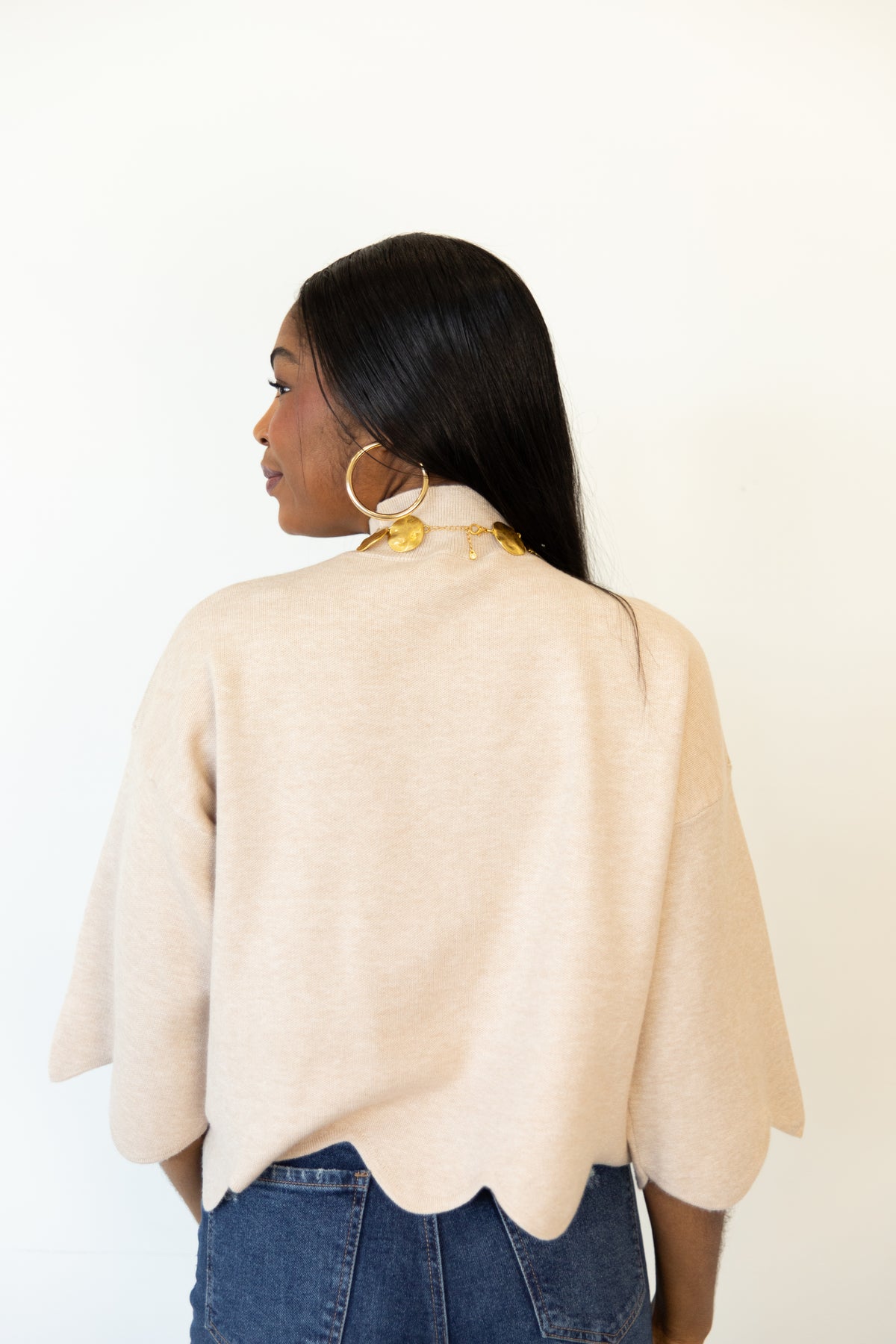 Scallop Hem Mock Neck Sweater