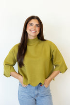 Scallop Hem Mock Neck Sweater