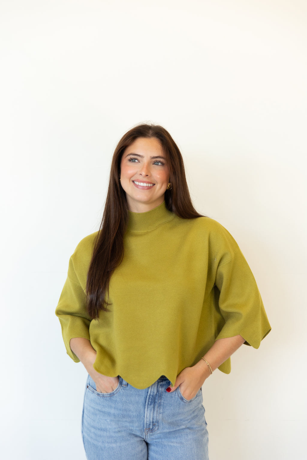 Scallop Hem Mock Neck Sweater