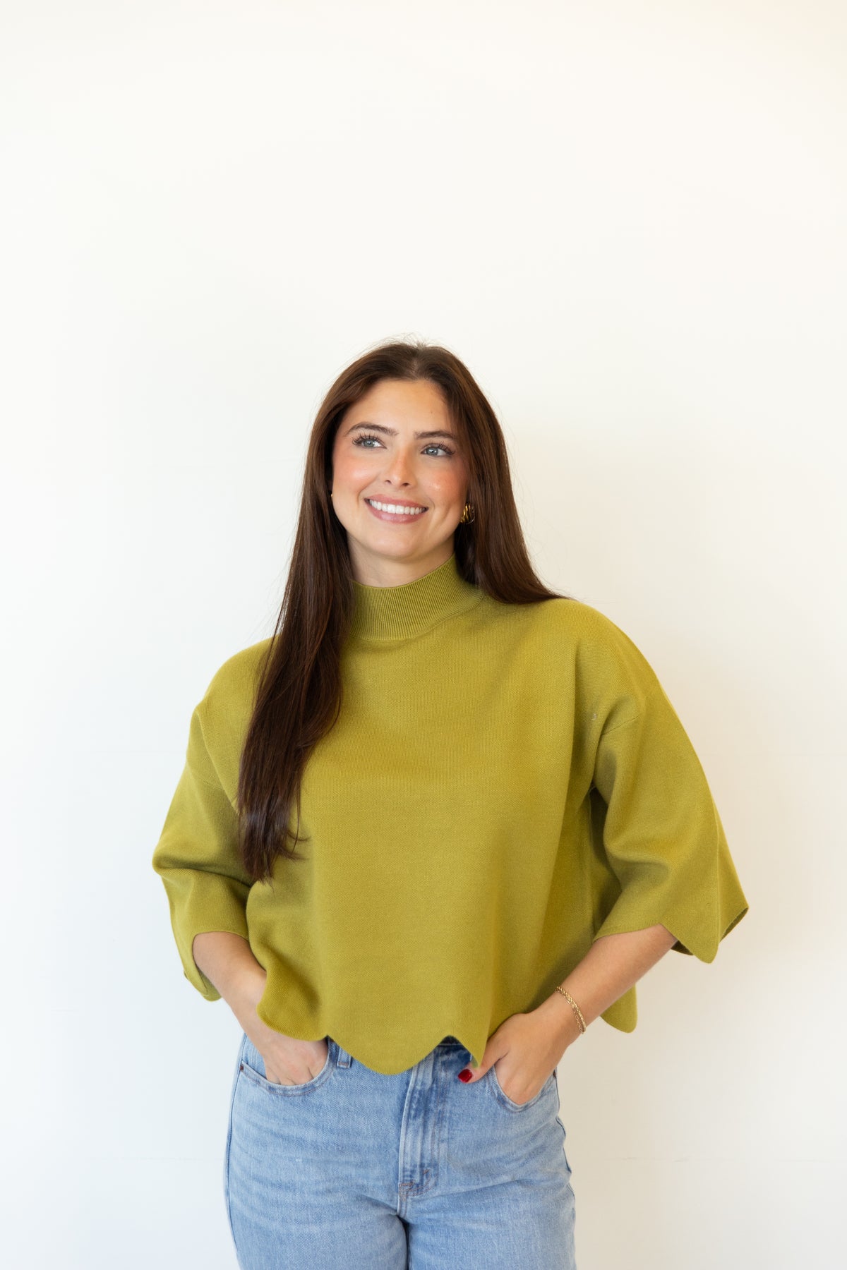 Scallop Hem Mock Neck Sweater