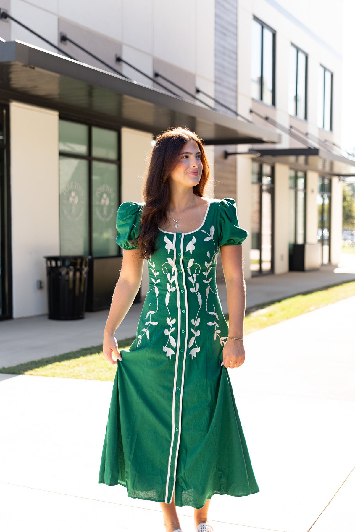 Anna Embroidered Puff Sleeves Midi Dress
