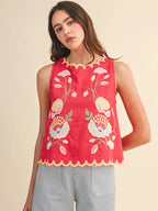 Elara Floral Embroidery Scalloped Tank