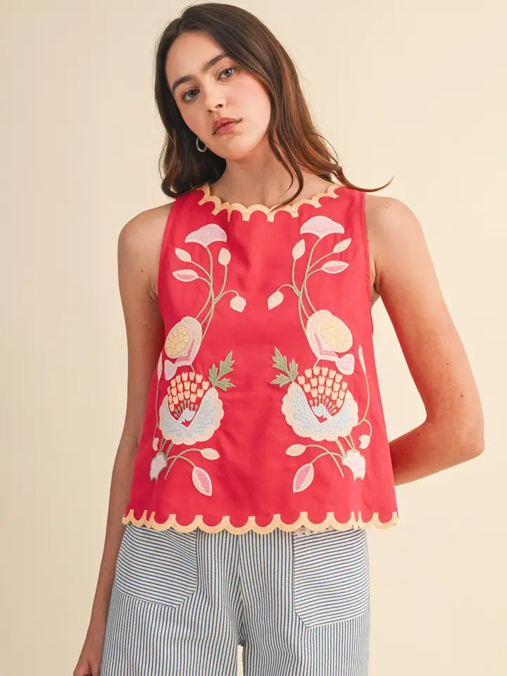 Elara Floral Embroidery Scalloped Tank