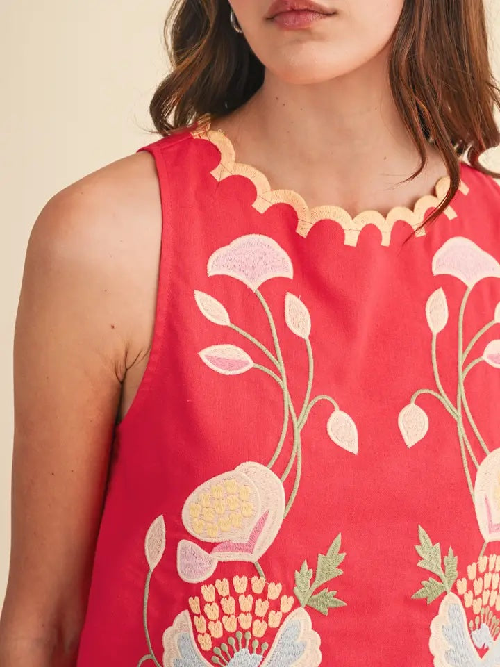 Elara Floral Embroidery Scalloped Tank
