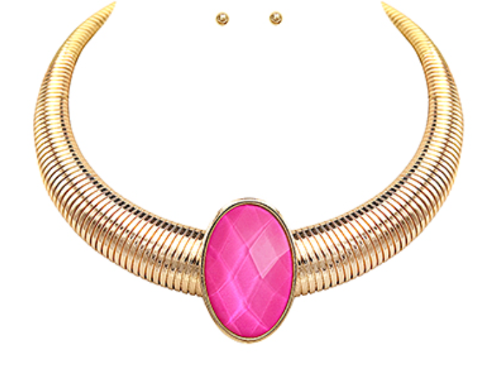 Oval Stone Omega Chain Statement Necklace Set