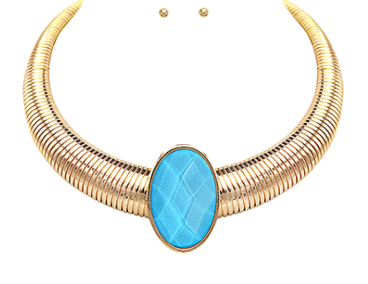 Oval Stone Omega Chain Statement Necklace Set