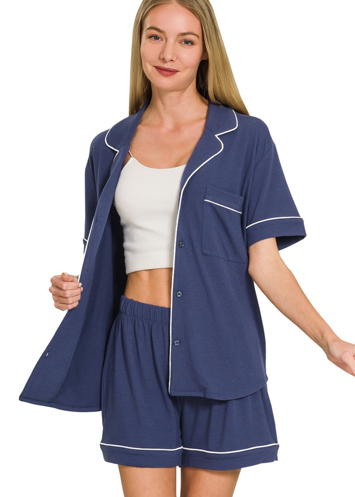 Colette Piping-Detail Short & Shirt Set