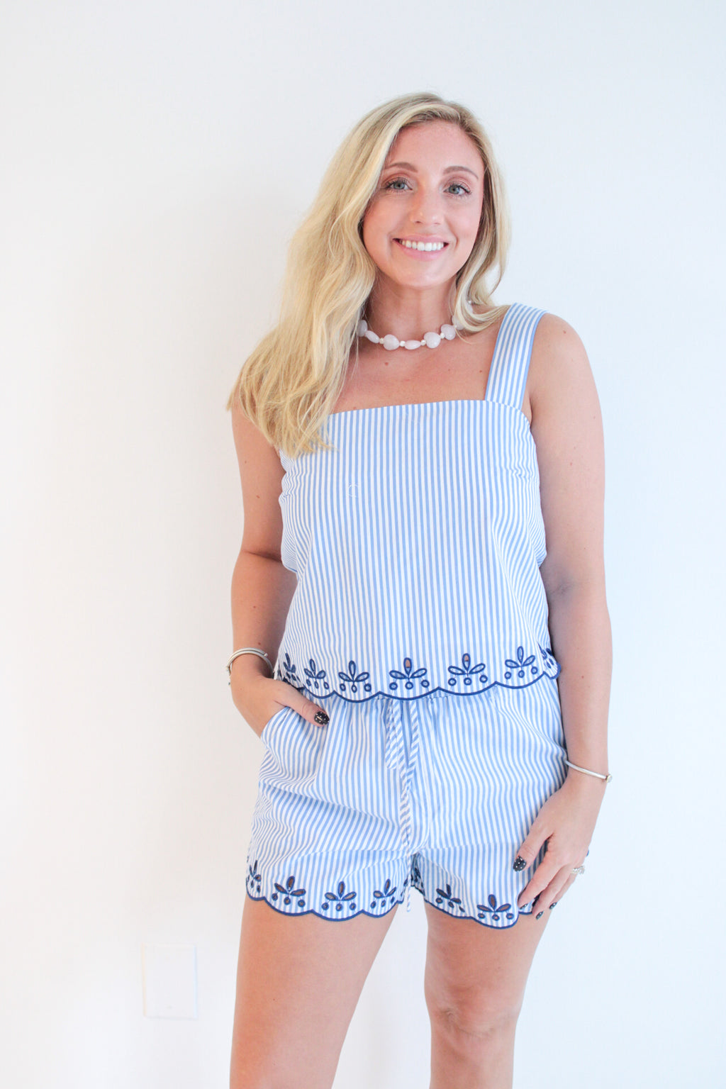 Striped Eyelet Scallop Resort Top