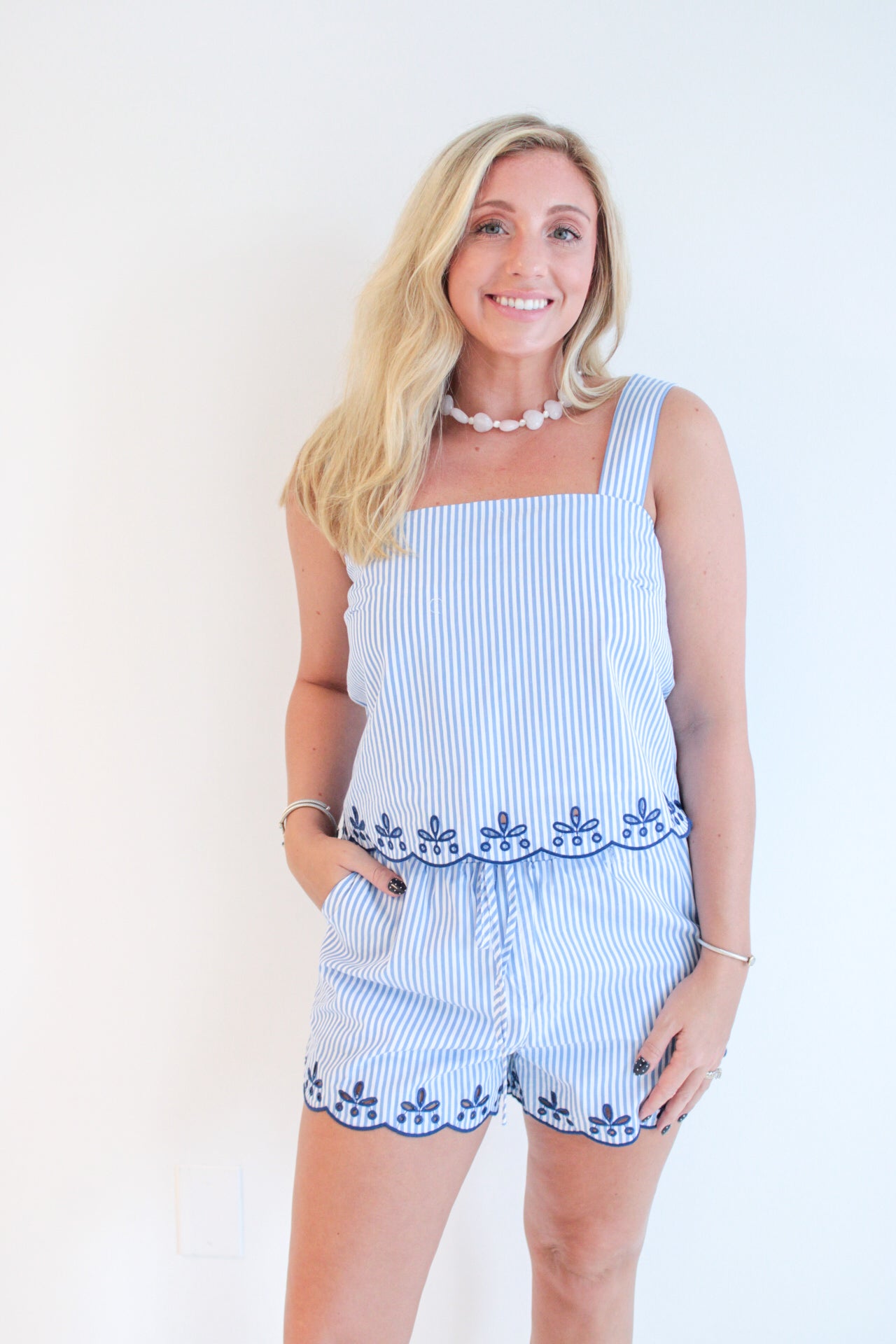 Striped Eyelet Scallop Resort Shorts