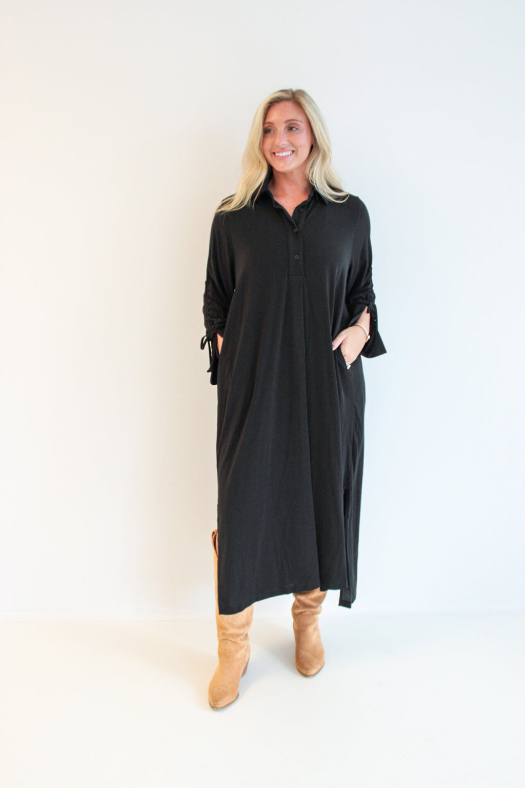 Rose Ruched Sleeve Midi Dress