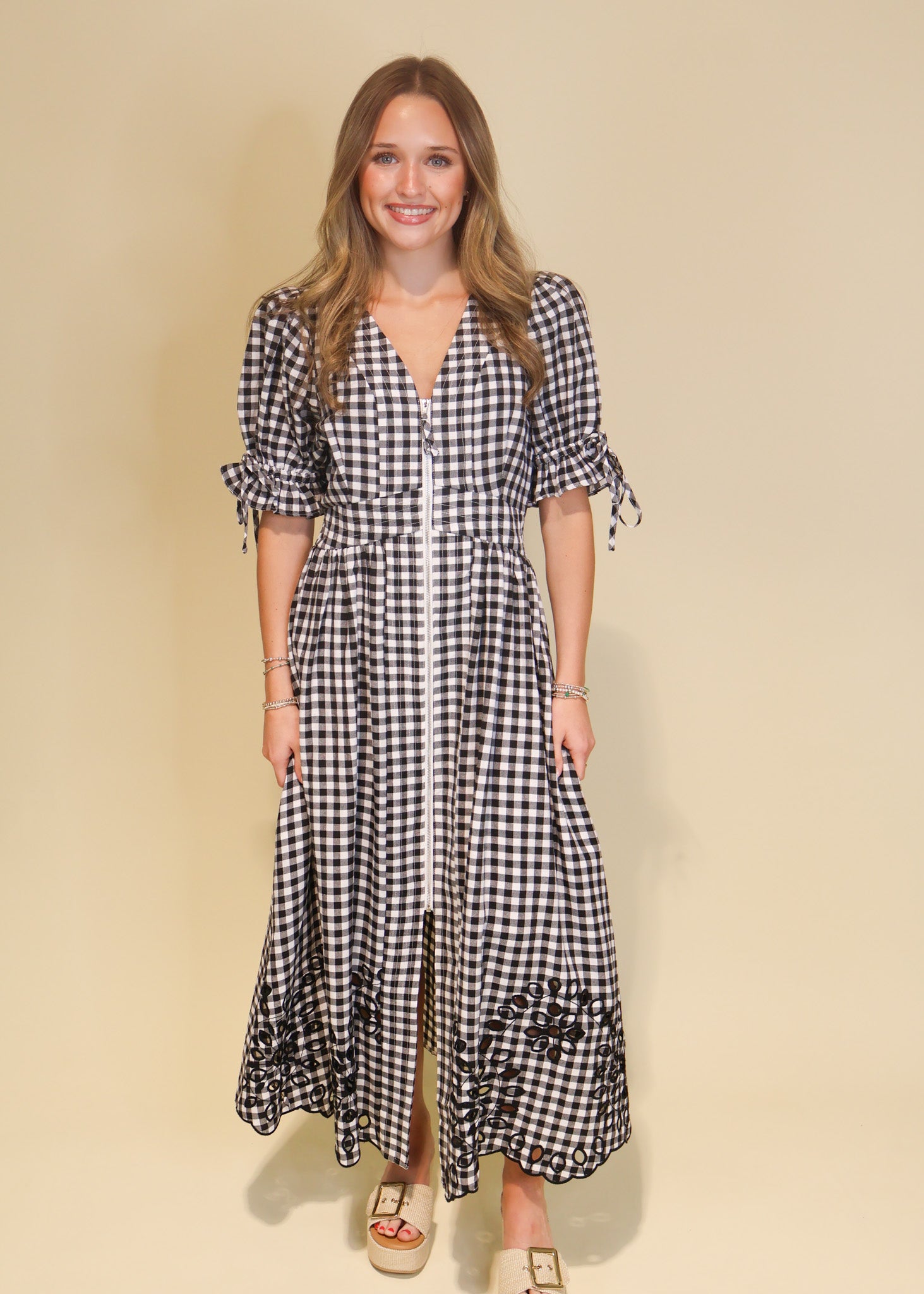 Darcy Gingham Eyelet Midi Dress