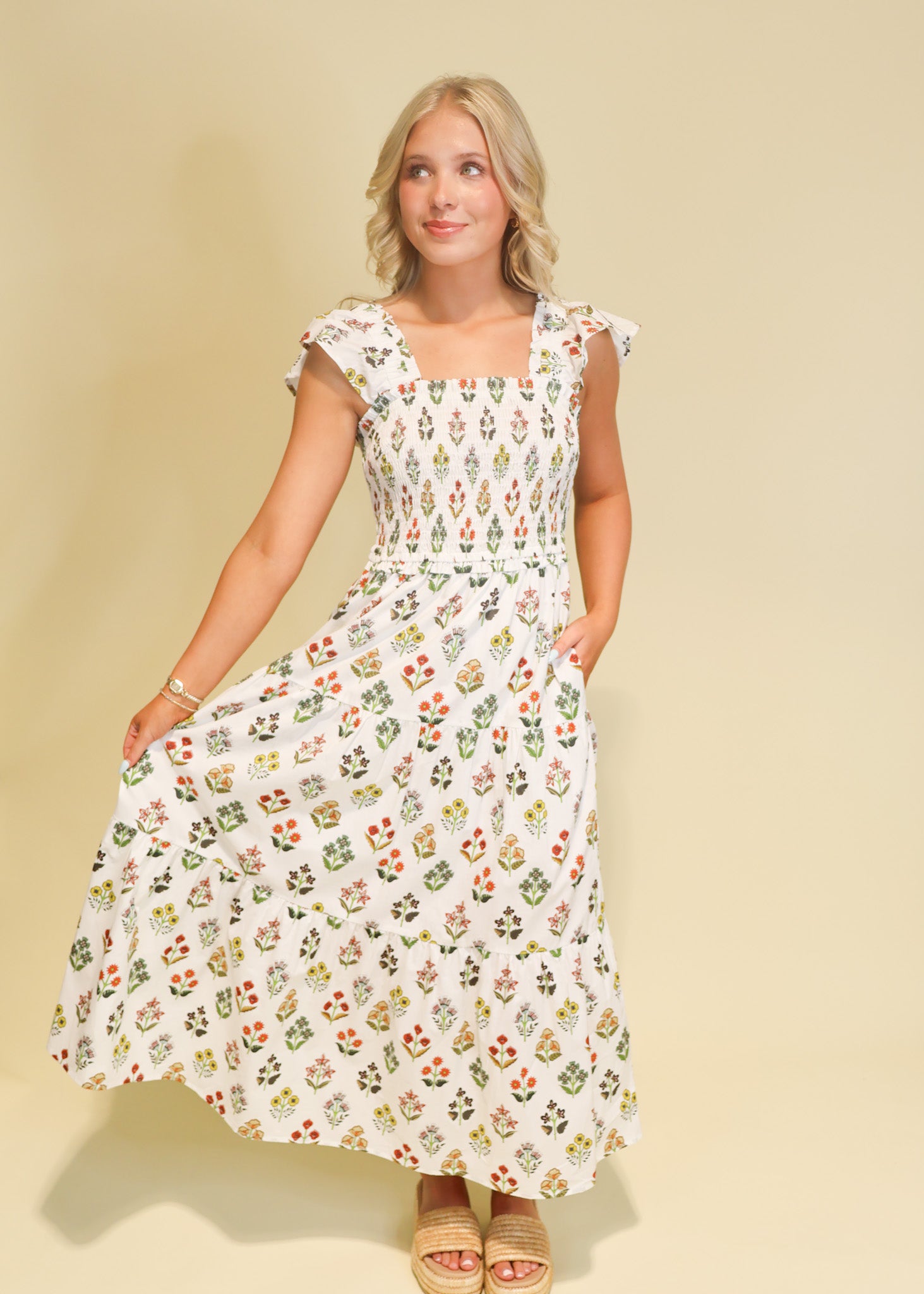 Flutter Sleeve Printed Midi Dress